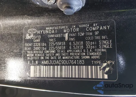 2013 Hyundai Tucson Limited z USA, uszkodzony, nr VIN KM8JU3AC9DU764183